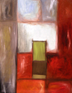 Oil painting, red, blue, brown, modern, art, abstract, window, Richard Nielsen, green, chair,