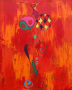 Oil painting, figurative, colorful,woman, modern, art, red, orange, blue, Richard Nielsen