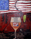 Oil painting, figurative, flag, wine glass, modern, art, red, orange, blue, Richard Nielsen