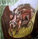 Oil painting, figurative, colorful,pig, boar, modern, art, hog,blue, brown, yellow,  Richard Nielsen