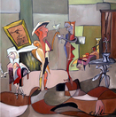 Oil painting, figurative, colorful,cubist,women, men, party,martini, modern, art, Richard Nielsen