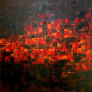 Oil painting, red, brown,orange, leaves,crashing, modern, art, abstract, Richard Nielsen,