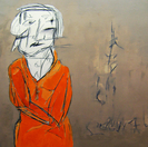 Oil painting, figurative, man, lab coat orange,, modern, art, grey, graffiti, Richard Nielsen