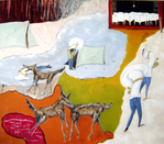 Oil painting, figurative, sheep,wolves,people,sousaphone , modern, art, Richard Nielsen