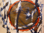 Oil painting, black, white,orange circles,grey, modern, art, abstract, Richard Nielsen,
