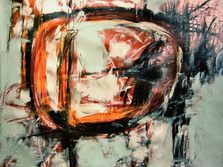 Oil painting, mint, blue, toothpaste, modern, art, abstract, Richard Nielsen, orange circles, black,