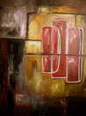 Oil painting, red, black, modern, art, abstract, yellow, lanterns, moonlight, Richard Nielsen,